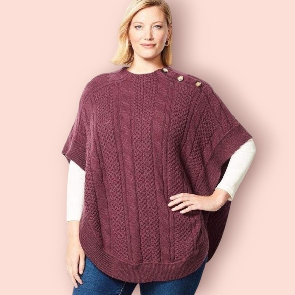 Talbots Cable Knit Button Collar Round  Hem Poncho, Size S - Picture 6 of 6